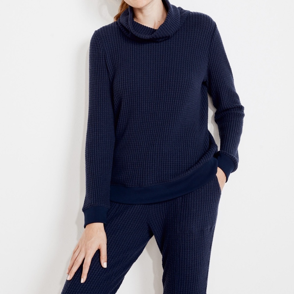 NWT Haven Well Within Waffle Knit Cowl Neck Top Womens Small Navy Blue Long Slee